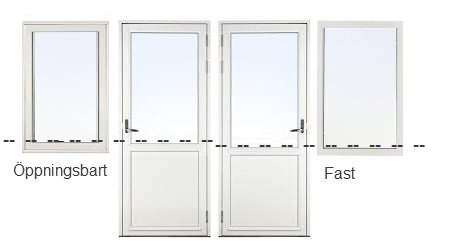 Linjera dörr mot fönster med rätt modulhöjd - Bröstad fönsterdörr med öppningsbart/fast fönster